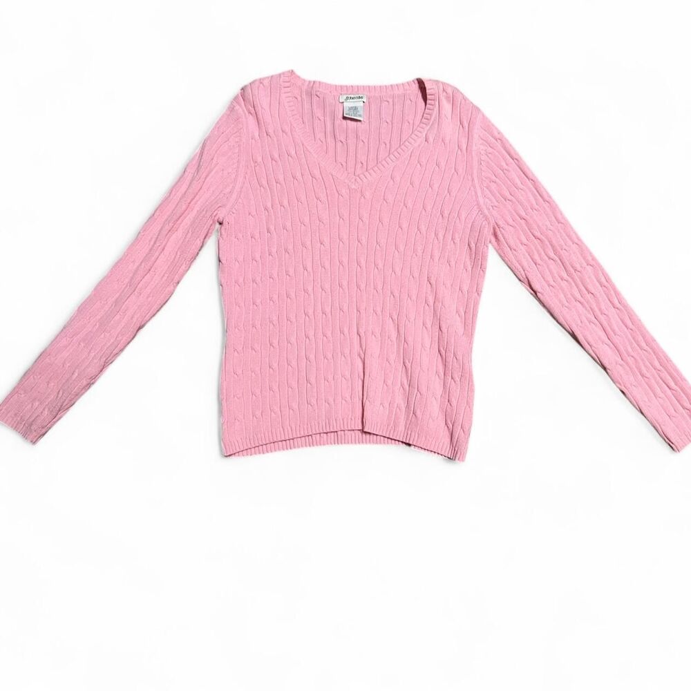 Vintage St. Johns Bay bubblegum Pink cable knit sweater with V-neck - Picture 3 of 6